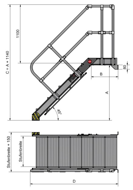 Platformtrappen, wandgemonteerd, inclinatie 45°